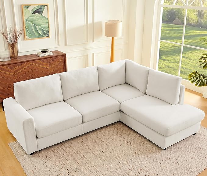 100” L-Shaped Couch with Reversible Chaise, Chenille Modular Sectional Sofa, 4-Seater Corner Couch for Living Room, Apartment, Beige