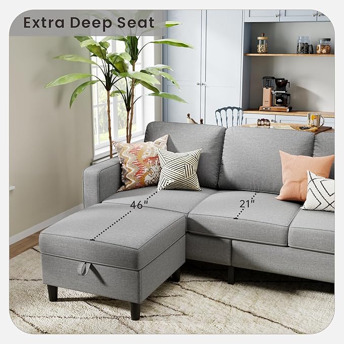 Sectional Sofa and Couches for Living Room, 78'' Light Grey 3 Seat L-Shaped Couch with Movable Ottoman, Comfy Linen Convertible Sectionals Sofas with Chaise for Apartment, Dorm, Small Space