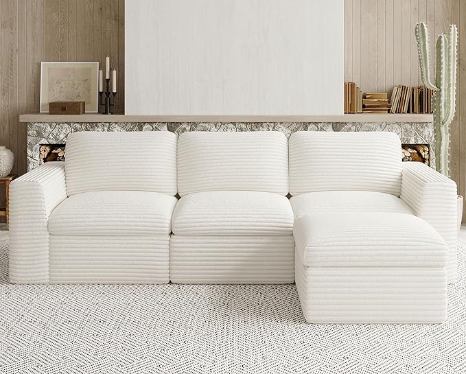 Belffin Boneless Cloud Modular Sectional Sofa 3-Seater L Shaped Couch with Ottoman Convertible Sofa Bed Plush Corduroy Cloud Sectional Couches for Living Room. Beige Sofa
