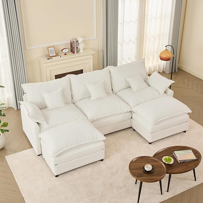 108" U Shaped Couch, Modular Sectional Sofa, 3-Seater Comfy Cloud Couch, Set of Modular Pieces with Movable Ottoman, Deep Seat Couches for Living Room, Chenille, Ivory