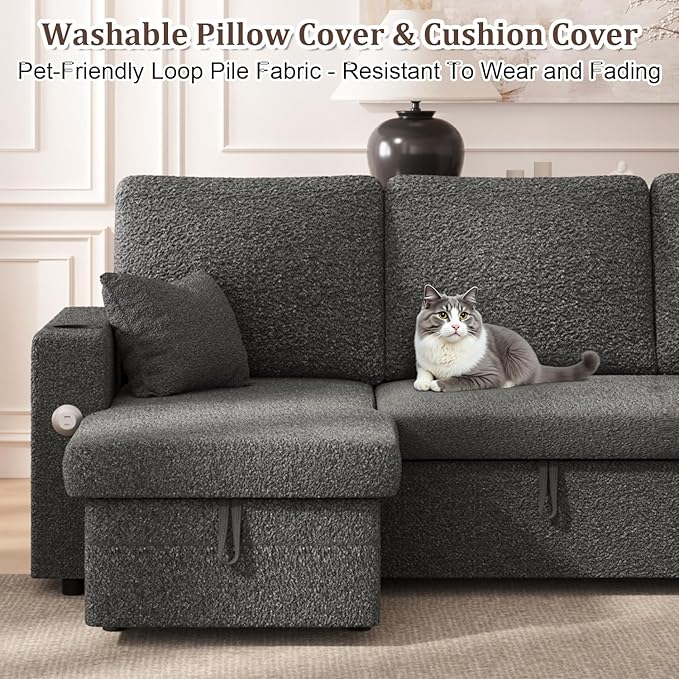 Sleeper Sofa Bed, 4-in-1 Pull Out Couch with Reversible Chaise | Dual USB & Type-C Charging | Dual Cup Holders | Layered Storage (Armrest + Chaise) for Living Room, Apartment, Home Office (Dark Gray)
