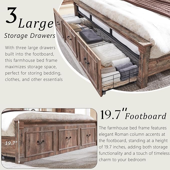 Aitjunz Farmhouse King Size Bed Frame with 51" Tall Headboard, Wood Platform Bed Frame with 20" Tall Roman Column Decoration Footboard & 3 Large Storage Drawers, No Box Spring Needed (Light Brown)