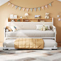 LIKIMIO Daybed with Trundle, Twin Bed Frame with Upholstered Headboard and Charging Station, Sofa Day Bed with Strong Supports for Living Room, Bedroom and Guest Room, White