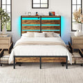 Rolanstar Full Size Bed Frame with 4 Drawers, LED Lights and Charging Station, Metal Platform Bed with Storage Headboard, Noise Free, Easy Assembly, No Box Spring Needed, Rustic Brown