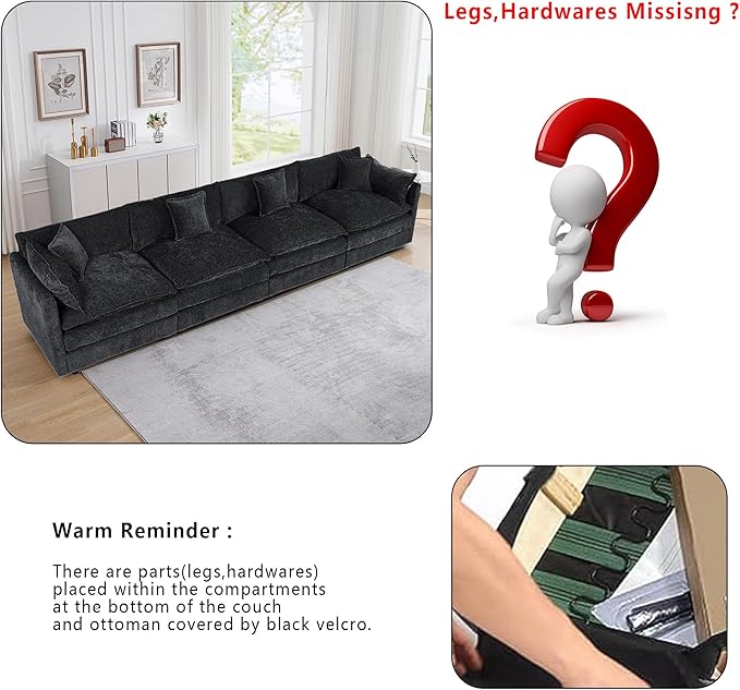 Setawix Chenille Cloud Couches for Living Room,4 Seater Cloud Sofa Couch with Deep Seat,147.22" Roomy Cloud Sofas,Modular Sectional 4 Seat Sofa with Pillows for Bedroom (Black, 4 Seater)