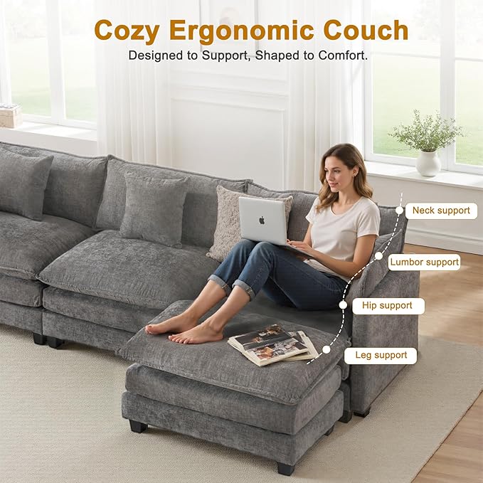 111.4" L-Shaped Cloud Chenille Sofa Sectional Couch with Reversible Chaise, Flexible 3+1 Layout for Large Spaces, Deep Seat and Free Pillows Included