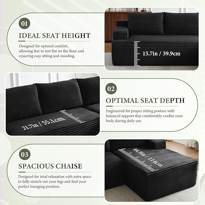 96" Sectional Couches for Living Room Cloud Couch Sofa with L-Shape Upholstered Boneless Couchs Modern Modular Sectional Couch with Chaise (Black, 96" W+Left Facing Chaise+2Seaters)