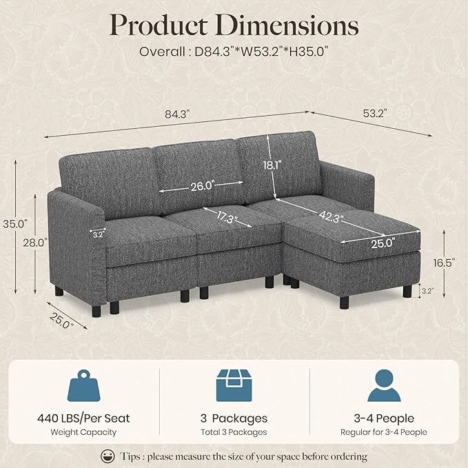 Belffin 84.3" 4 Seats L Shaped Couch Modular Sectional Sofa Washable Sectional Couches for Living Room Comfy Couches with Storage Seat Couch Sofas with Chaise,Grey