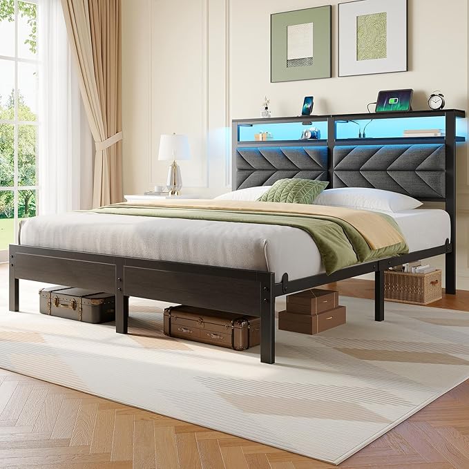 Seventable Queen Bed Frame with Charging Station & LED Lights, Upholstered Headboard with 2-Tier Storage Shelves, Metal Platform with Under Bed Storage, No Box Spring Needed, Easy Assembly, Dark Grey