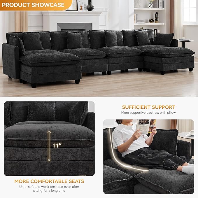 147'' Modualr Sectional Cloud Deep Seat Couch, Oversized Chenille U Shaped Sectional Sofa for Living Room Set, Comfy Upholstered Modular Sectional Sofa Couch with 2 Movable Ottoman, Dark Grey