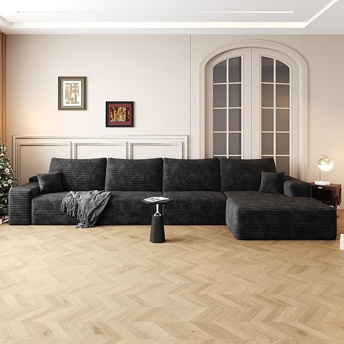 136" Sectional Couches for Living Room Cloud Couch Sofa with L-Shape Upholstered Boneless Couchs Modern Modular Sectional Couch with Chaise (Black, 136" Right Facing Chaise+3Seaters)