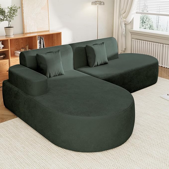 MELLCOM Modern Curved Boneless Sofa Couch, L-Shaped Corner Sofa, No Assembly Needed, Chenille Upholstered Cloud Sectional Couch for Living Room, Bedroom and Apartment (Green, Left Hand Facing)