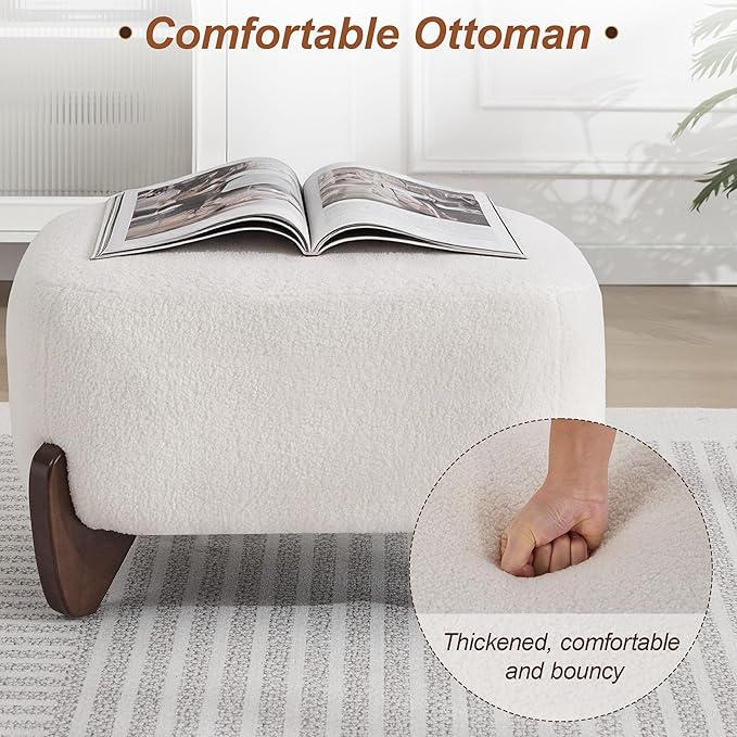 28.7" Sherpa Boucle Ottoman with Solid Wood Legs, Modern Upholstered Footstool, Comfy Ottoman for Living Room, Bedroom, White