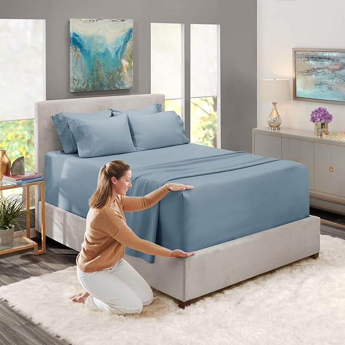 Hearth & Harbor Bed Sheets, Luxury Soft 6 Piece Bed Sheet Set Extra Deep Pocket Fitted Sheets Fits Mattress up to 21", Double Brushed Bedding Sheets & Pillowcases, King, Soft Blue