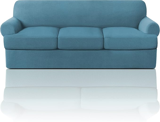 PrinceDeco T Cushion Sofa Slipcover 4 Pieces Sofa Covers for Couch, Soft Couch Cover Slip Covers with 3 Individual T Cushion Shape Seat Covers Width Up to 88 Inch, Washable, Storm Blue