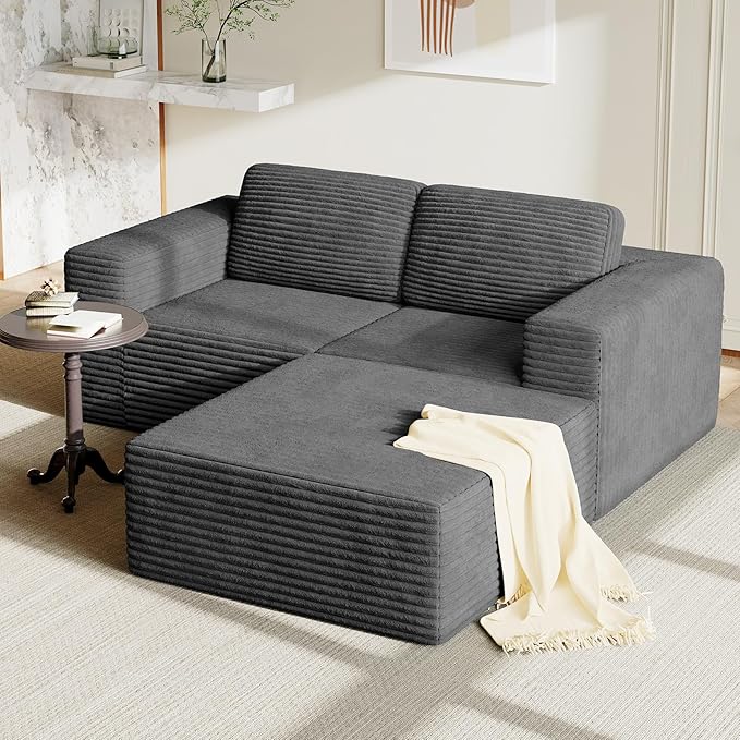 Vesgantti 80" Modular Sectional Sofa, Corduroy Cloud Couch with Deep Seats & Spring Support, Compact 2 Seater Boneless Couch, L-Shaped Modular Sofa for Small Spaces, Apartments, No Assembly, Grey