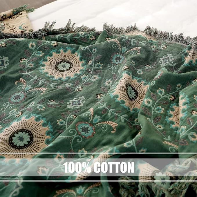 Boho Throw Blanket for Bed 100% Cotton Ultra Soft Rustic Quilt Spring Blanket Floral Printed Farmhouse Decor Bed Blankets,80"x90" All Season Rustic Throw for Sofa Couch Chair