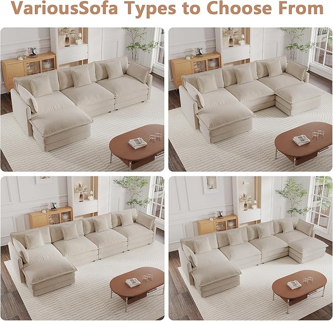 mikibama Modular Sectional Sofa, 76.4 Inch L Shaped Couch Set for Living Room, Loveseat Comfy Cloud Couches with Movable Ottoman, DIY Combination, Chenille, Light Coffee