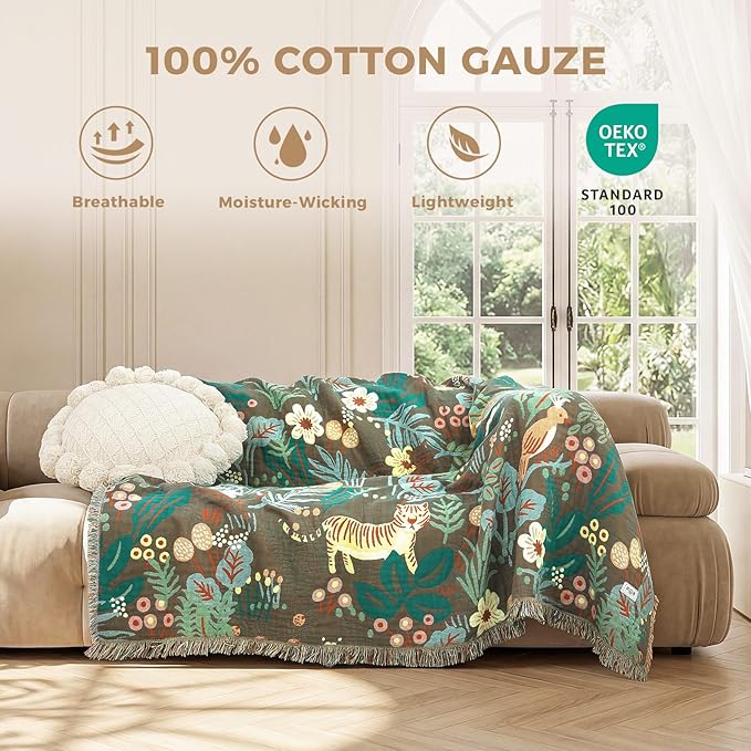 Boho Throw Blanket for Bed 100% Cotton Soft Lightweight Quilt Blanket Twin Forest Tiger Embroidery Home Decor Breathable Spring Bed Blankets,60"x80" All Season Throw for Sofa Couch Chair