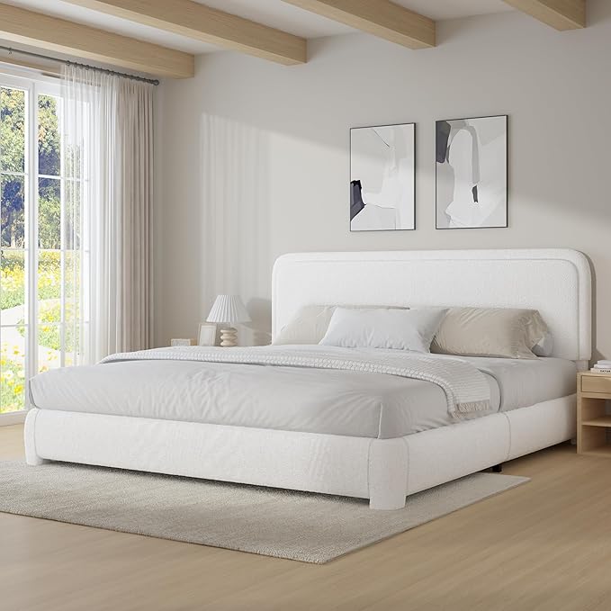 BarnFurin Boucle Upholstered California King Bed Frame/Soft Rounded Corners Headboard/Low Profile Bed Frame/No Box Spring Needed/Non-Slip and Noise-Free/White