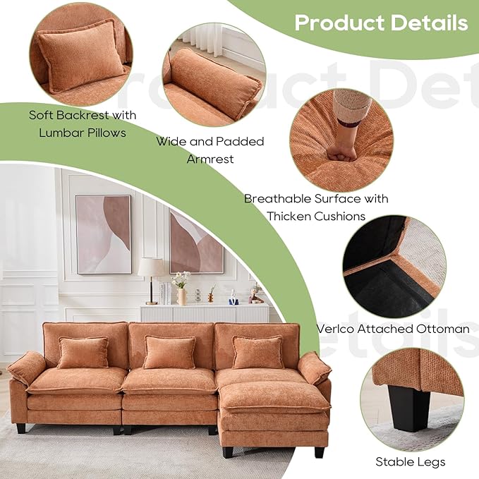 120" Modular Sectional Sofa, Comfy Cloud Couch Sectional Sofa with Ottoman, Chenille Sofa Sleeper Deep Seat Sofa with Throw Pillows for Living Room (Orange, 120"- L Shape)