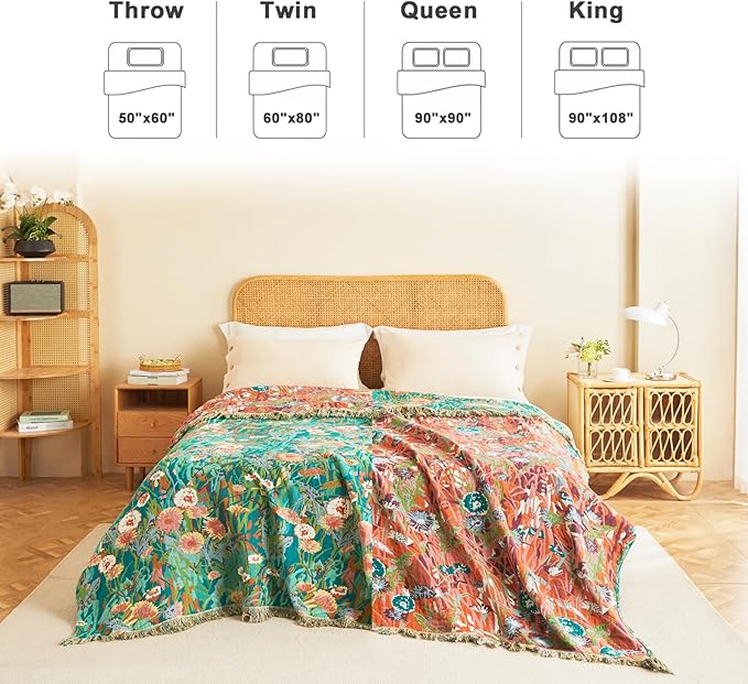 LUTBM Cotton Boho Blanket Queen Size Soft Spring Lightweight Bed Quilt Floral Embroidery Blanket for Bedroom Living Room Home Decor Reversible Blankets 90"x90"
