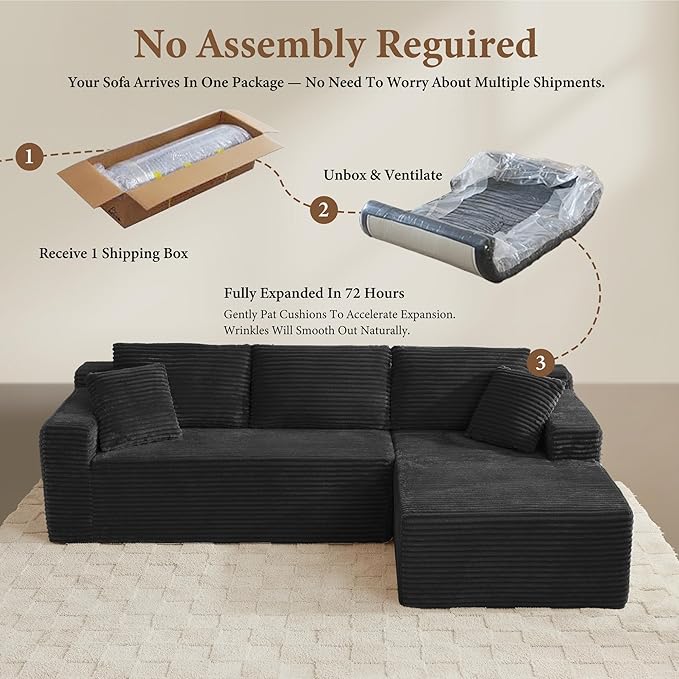 96" Sectional Couches for Living Room Cloud Couch Sofa with L-Shape Upholstered Boneless Couchs Modern Modular Sectional Couch with Chaise (Black, 95" W+Right Facing Chaise+2Seaters)