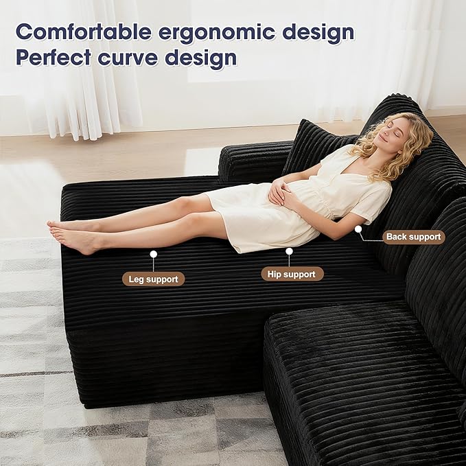 109“L-Shaped Sectional Sofa Boneless Couch Upholstery Cloud Modular Couch with Chaise No Assembly Required Corduroy Fabric Combination Deep Seat Living Room Bedroom (Black, Left Hand Facing)