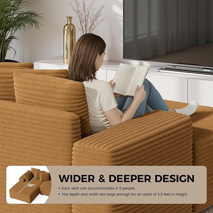 111'' Modular Sectional Cloud Couches with Chaise, L Shaped Extra Large Sleeper Couch Reversible Fluffy Corduroy with 8pcs Pillows for Living Room(Brown Left Facing Chaise)