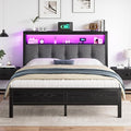 Homkdom Full Size Bed Frame Smart RGB LED Lights, Grey Upholstered Headboard with Charging Station Type C&2-Tier Storage Shelves,12" Under-Bed Storage, Noise-Free,Easy Assembly,Black