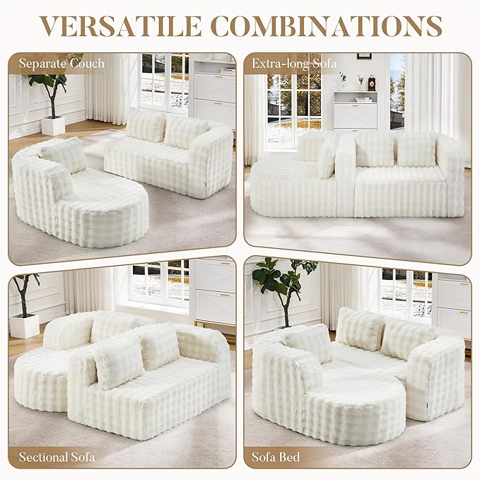 Hobestluk 96" Cloud Sectional Couch Modern Boneless Couch 3 Seater with Oversized Chaise L Shaped Modular Sofa Couches for Living Room Apartment No Assembly Required (Bubble White,Left Facing Chaise)