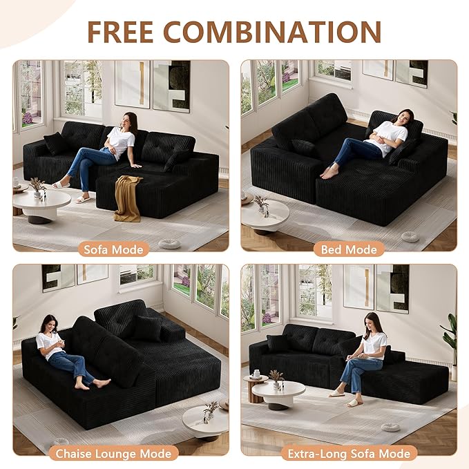 Ball & Cast 106" Cloud Modular Sectional Sofa, Boneless Corduroy Couch with Deep Seat, Comfy L-Shaped Sectional, Modern Upholstered Sofa for Living Room, No Assembly (Black, Right Facing Chaise)