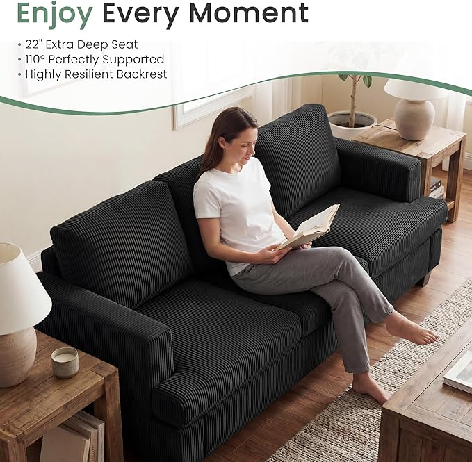 YOUDENOVA 2 Piece Set Comfy Sofa Couch, Loveseat Sofa * 2 with Deep Seats, Modern Sleeper Couch for Living Room, Black Corduroy