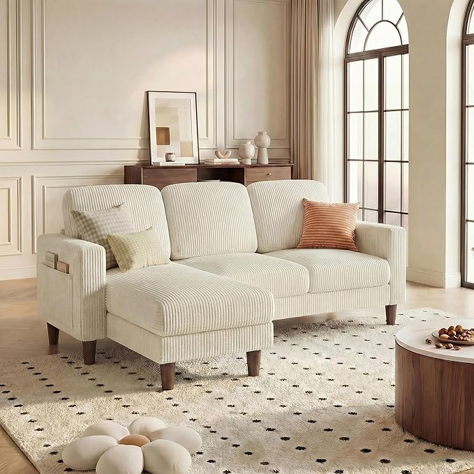 YESHOMY L-Shaped Sofa Couch, Small Couch with Reversible Chaise and Ottoman, Convertible Sectional Comfy 3 Seat Sofas with Side Pockets for Apartment and Living Room (Cream)