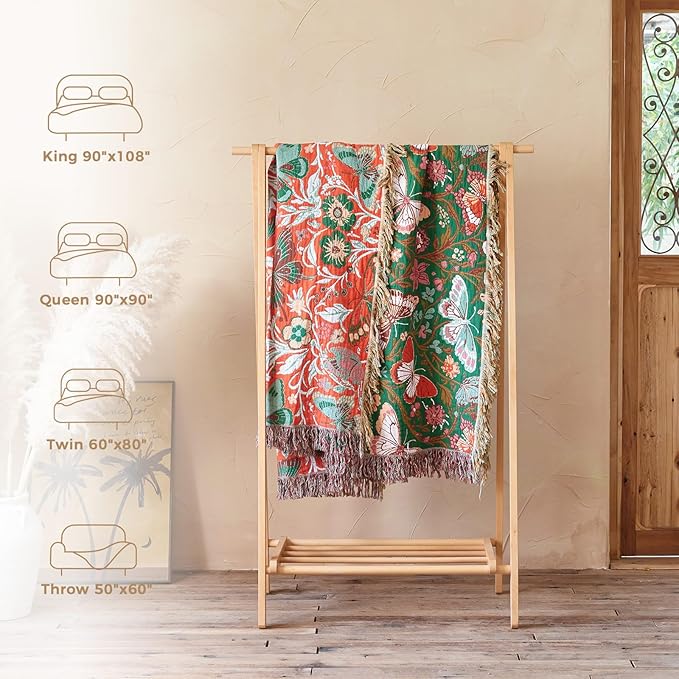 LUTBM Boho Throw Blanket for Couch Sofa Chair Cotton Spring Blankets for Bedroom Living Room All Season Lightweight Reversible Butterflies Embroidery Throws 50"x60"