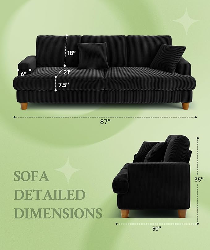 87.2" Couches for Living Room, Comfy Black Couch 7.5" Extra Thick Cushion, Sofas for Living Room Tool-Free Setup, Loveseat Sofa 848lbs Support, Corduroy Couch for Bedroom, Apartment, Office