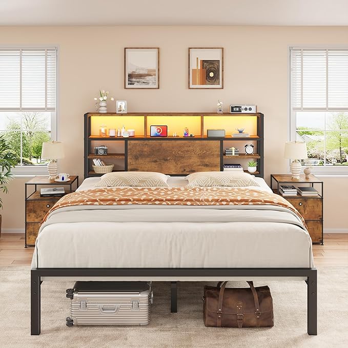 Homkdom Queen Bed Frame with Storage Headboard, LED Lights & Charging Station Heavy Duty Metal Platform Bed for Bedrooms, 1100 LBS Capacity, No Box Spring Needed, Easy Assembly,Vintage Brown