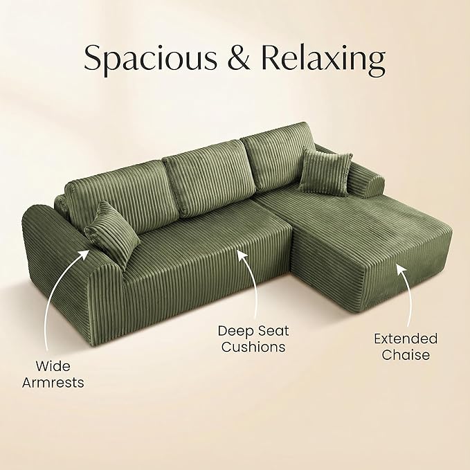 109“L-Shaped Sectional Sofa Boneless Couch Upholstery Cloud Modular Couch with Chaise No Assembly Required Corduroy Fabric Combination Deep Seat Living Room Bedroom(Green, Right Hand Facing)