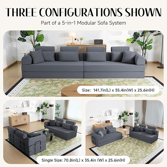 106" L-Shaped Modular Boneless Couch, 2-Piece System (2×70.87"), Convertible Sectional to 141.7" Straight Sofa, Corduroy Couch in a Box, Headrest & Back Pillows for Living Room, Dark Blue