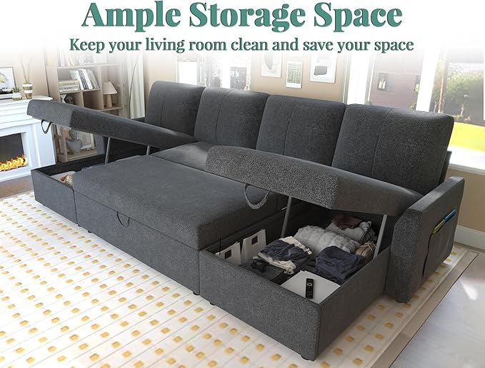 VanAcc Sleeper Sofa, 110 inch Oversize - 2 in 1 Pull Out Bed, Sectional Sleeper Sofa with Double Storage Chaise for Living Room, Grey Linen Couch