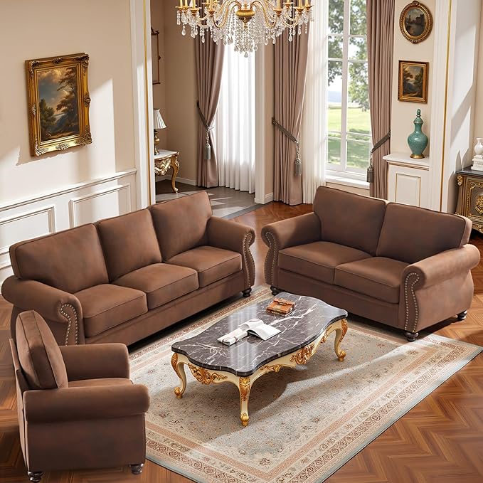Mid-Century Vintage Sofa Couches with Rivet Design,loveseat Sofa,Removable Sofa Cover Upholstered Cushions and Solid Wood Frame (Caramel, Loveseat)
