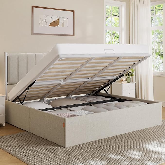 VASAGLE Lift Up Storage Bed Frame King Size, Hydraulic Platform Bed, with Upholstered Headboard, 1100 lb Weight Capacity, No Box Spring Needed, Easy Assembly, Modern, Cappuccino Beige URMB604W01V1