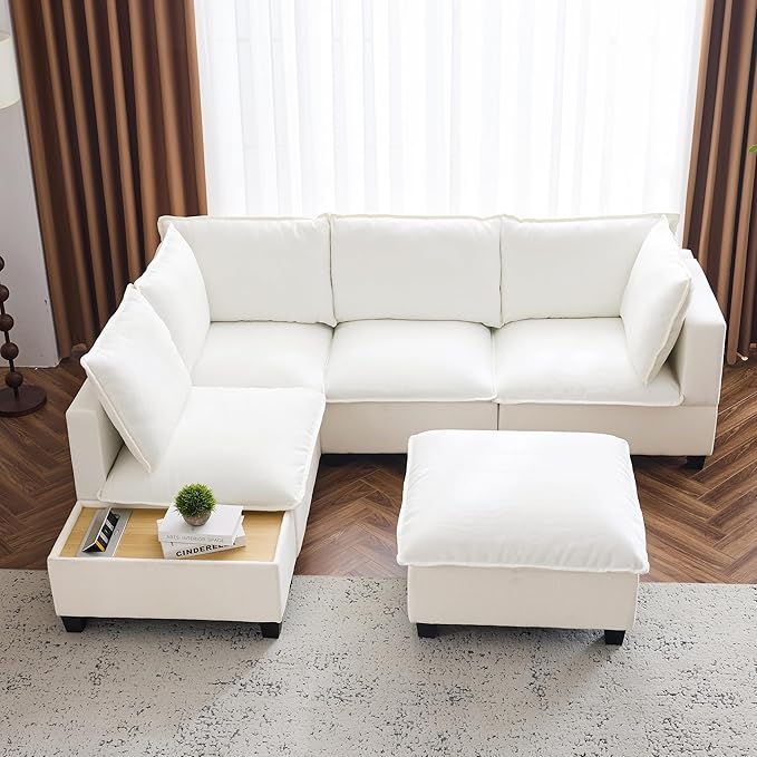Harper & Bright Designs 90" U-Shaped Sectional Sofa Modular Sofa Couch with a Movable Ottoman, a Coffee Table with Hidden Charging Devices for Living Room, White