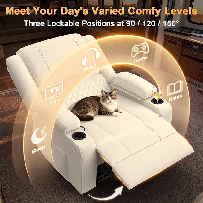 Oversized Manual Recliner Chair, 3 Angle Recliner Home Theater Seating, RV Recliner Single Sofa with Hidden Arm Storage, Cup Holder & Side Pocket (Single, White)