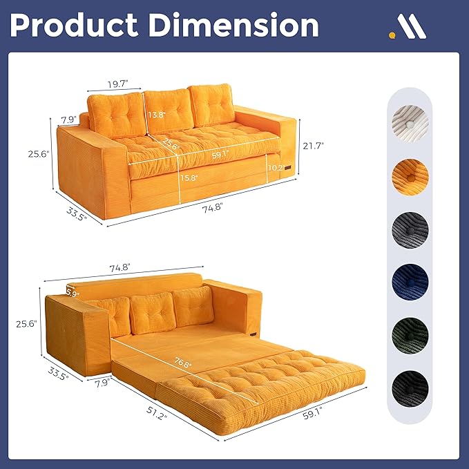 MAXYOYO Convertible Sofa Bed, Pull Out 3 Seater Sleeper Sofa, 2 in 1 Folding Couch Bed, Fold Out Floor Couch with Pillows for Living Room Bedroom, Orange