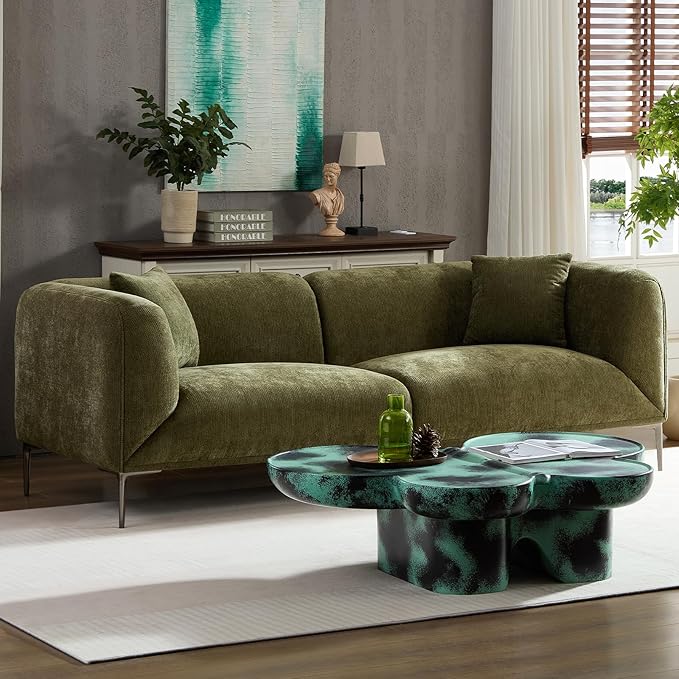 MEETAKING 82.68" Modern Sofa, 3-Seater Deep Seats Tuxedo Couch, Boucle Sofas with 2 Pillows, Minimalist Couches Straight with Metal Legs, High Armrests for Living Room,Bedroom,Home Office(Green)