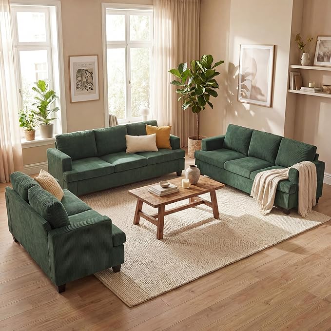 YOUDENOVA Sofa, 3 Piece Set Comfy Sofa, Loveseat & 2 3-Seater Couch with Deep Seats for Living Room, Modern Sleeper Couch, Green Corduroy
