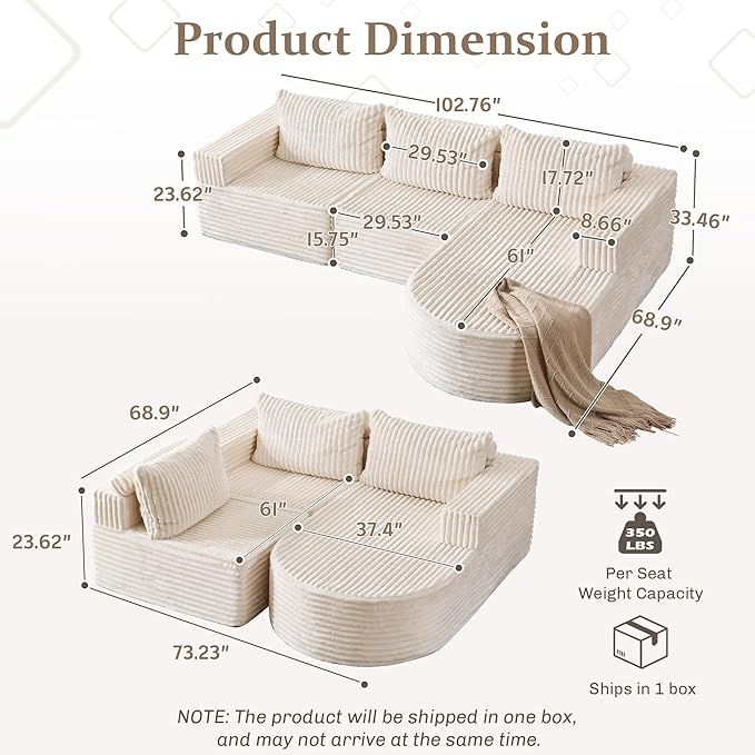 103”Boneless Couches for Living Room, L-Shaped Modular Sectional Sofa with Chaise, Modern Corduroy Cloud Couch with Deep Seat, Comfy Sponge Compression Convertible Sofas