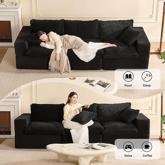 106.3” Sectional Couches for Living Room, Set of Cloud Couch, Modular Sectional Sofa, Convertible Sofas Bed, Deep Seat Sofa, Corduroy, Black