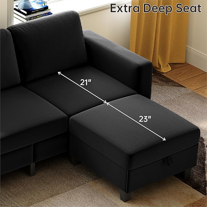 78" Sectional Sofa Couches for Living Room, Black Convertible L Shaped Couch with Storage Ottoman, Deep Seat Pet-Friendly Velvet Fabric Sofa Set for Small Space, Apartment, Dorm
